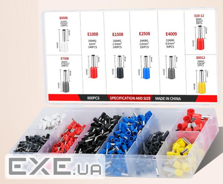 Набір клем / наконечників 800шт(E0508w-140 E2508b-140,E1008r-140,E1508bl-140,E4009gr-50,E (YT-39500) (E0508w-140 E2508b-