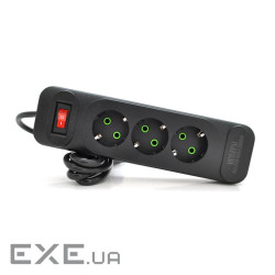 Мережевий фільтр F23, 3 розетки EU, кнопка включення з індикатором, 2 м, 3х0,75мм, 2500W (F23-Black) , 2500W (F23-Black)