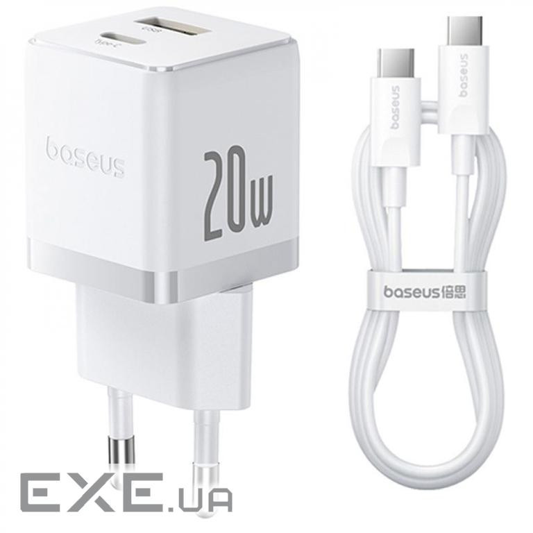Зарядний пристрій Baseus 1xUSB-C 20W + 1xUSB white + cable USB-C to USB-C 60W 1.0m (P10111608213-01)