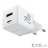 Зарядний пристрій Baseus 1xUSB-C 20W + 1xUSB white + cable USB-C to USB-C 60W 1.0m (P10111608213-01)