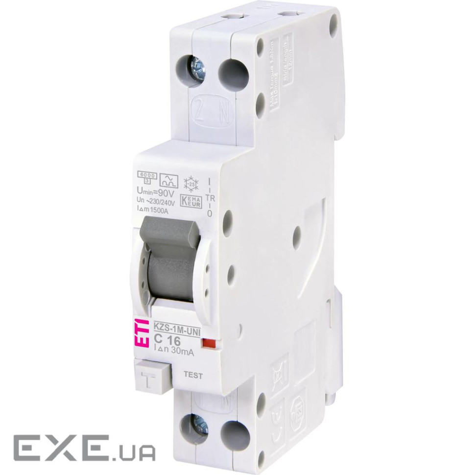 Диференційний автоматичний вимикач ETI, KZS-1M UNI C 16/0,03 тип A (6kA) (універс. підключ (2176034)