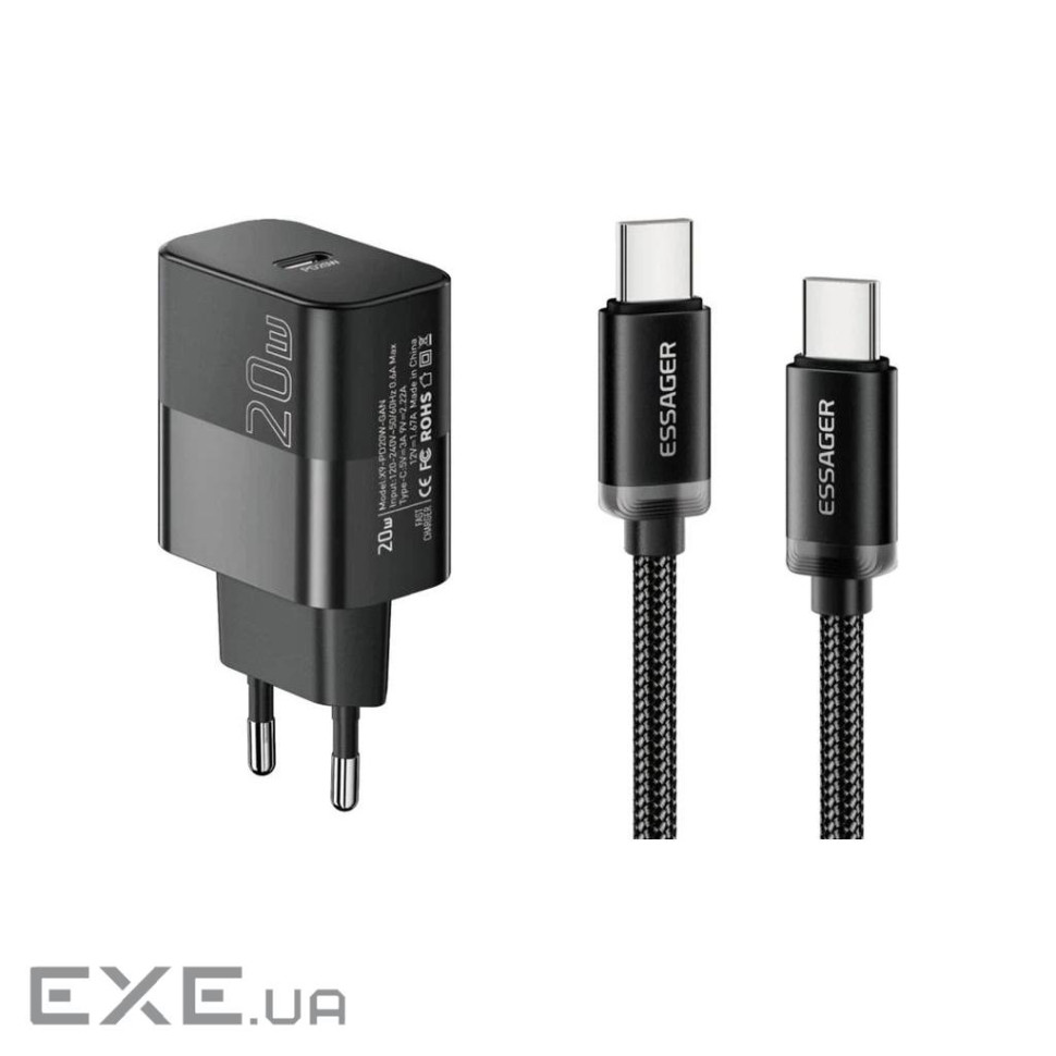 Зарядний пристрій Essager USB-C PD20W + cable USB-C to USB-C 60W black (E20JSB1-SYTT1-T)