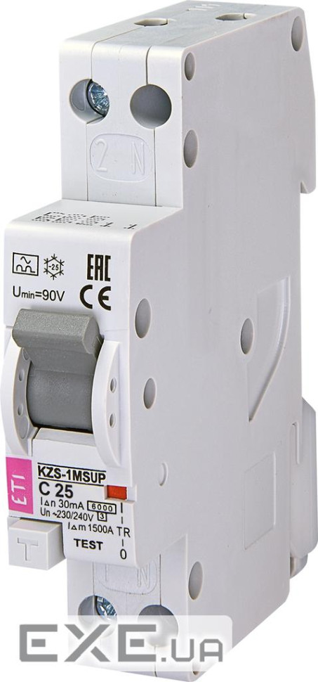 Дифференційний автоматичний вимикач ETI KZS-1M SUP C 25 / 0,03 тип A (6kA) (верхнє з"єднан (2175726)