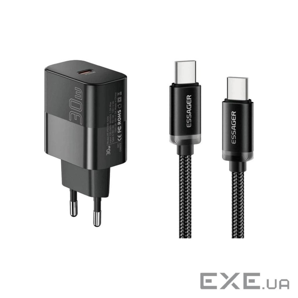Зарядний пристрій Essager USB-C PD30W + cable USB-C to USB-C 60W black (E30JSB1-SYTT1-T)