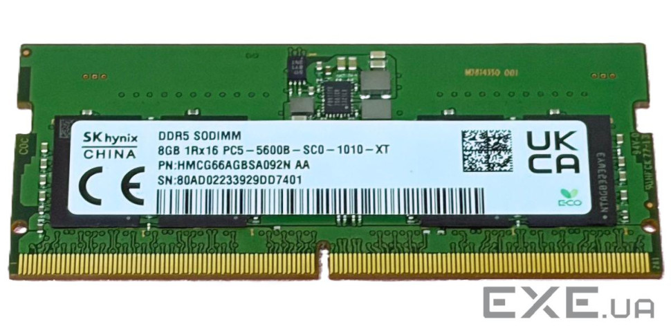 Пам"ять SO-DIMM, DDR5, 8Gb, 5600 MHz, Hynix, 1.1V, CL46 (HMCG66AGBSA092N AA)