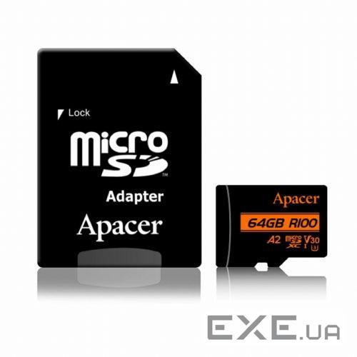 Карта пам'яті APACER microSDXC 64GB UHS-I U3 V30 A2 Class 10 + SD-adapter (AP64GMCSX10U8-R)
