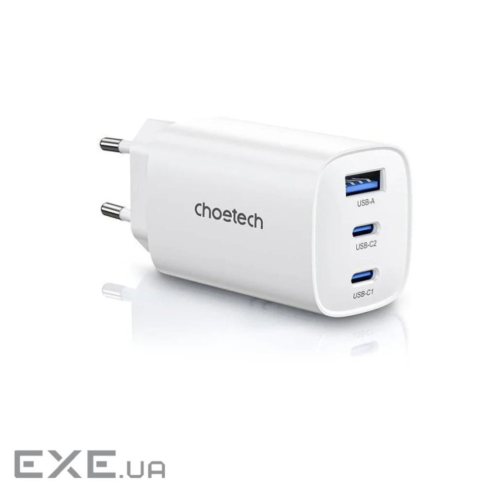 Мережевий зарядний пристрій Choetech GaN PD65W, 3 порти, 2*USB-C+A CHOETECH Choetech GaN PD (PD9006)