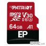 Карта пам'яті PATRIOT 64 GB microSDXC UHS-I U3 V30 A1 EP + SD adapter (PEF64GEP31MCX)