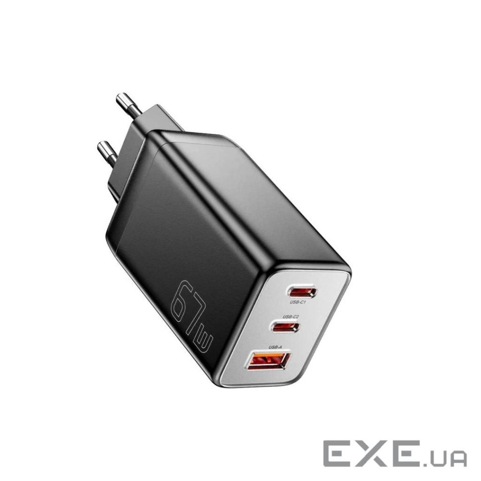 Зарядний пристрій Essager 2xUSB-C + 1xUSB PD67W QC4.0 FCP GaN black (ECT67W-LJB01-Z)