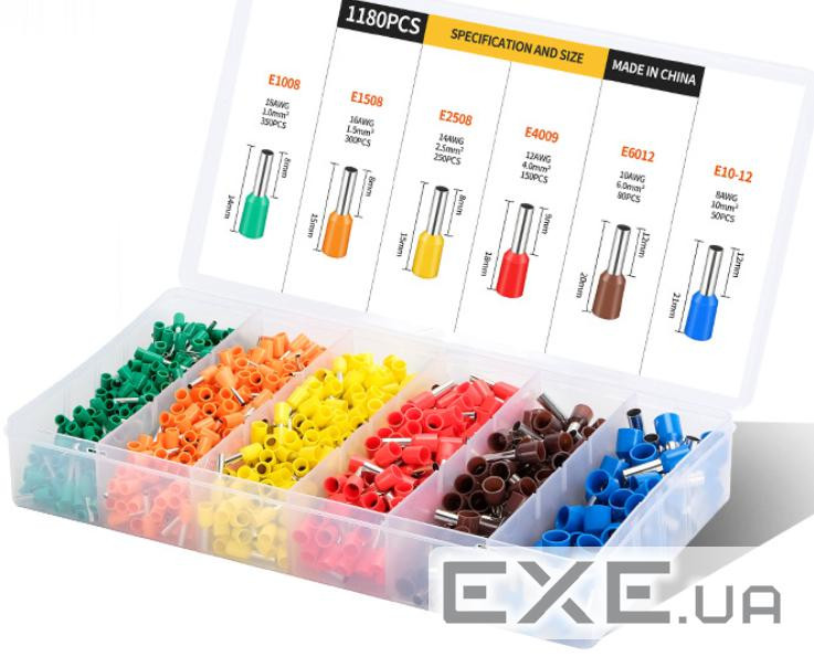 Набір клем / наконечників 1180шт(E2508y-250,E1008g-350,E1508o-300,E4009r-150,E1012b-50,E6 (YT-39500) (E2508y-250,E1008g-