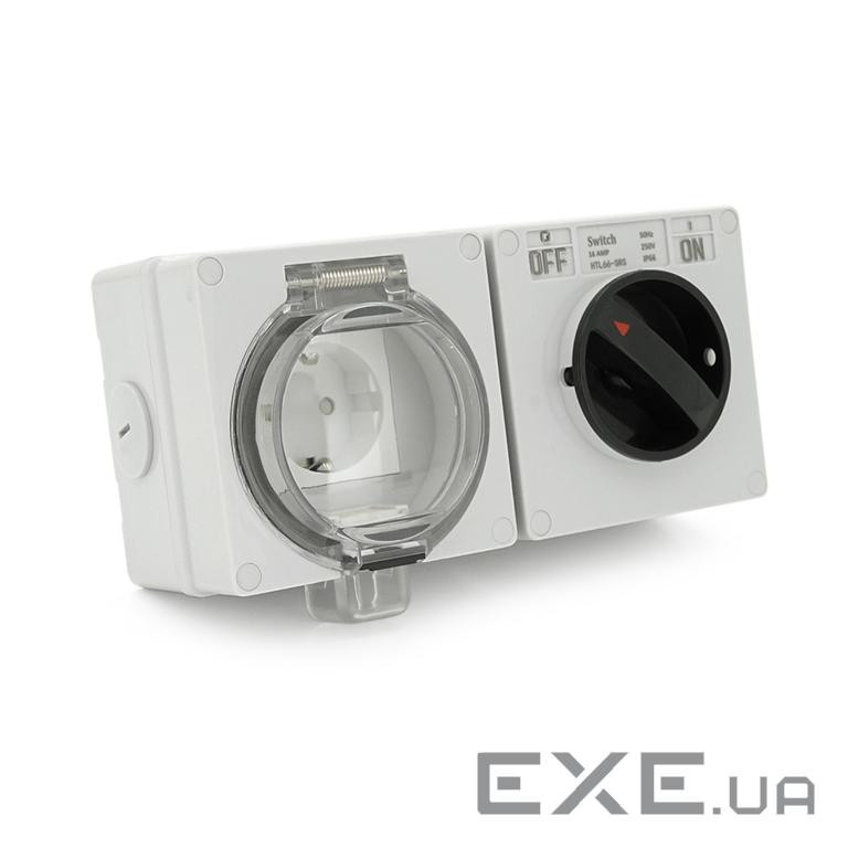 Вимикач + розетка зовнішнього монтажу, двосторонній висновок, IP65, AC: 250V, (YT-KombOMS250 / 16G) , IP65, AC: 250V, (Y