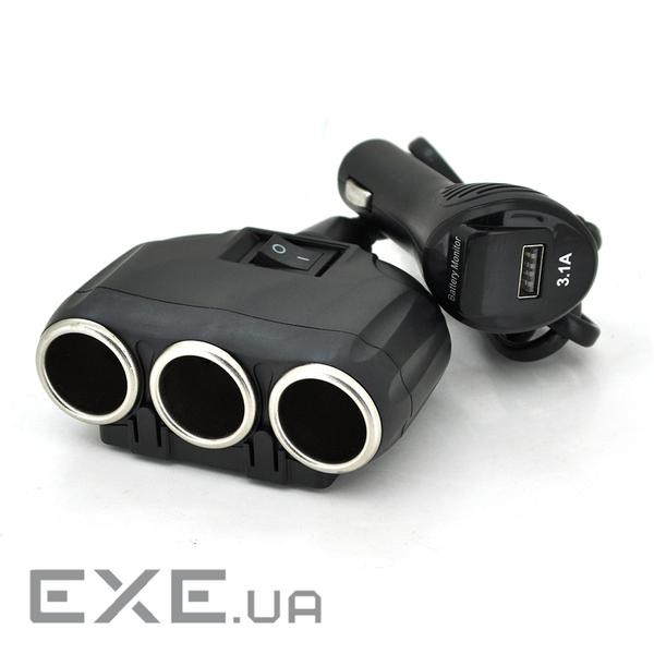 АЗП розгалужувач + вольтметр Olesson 1634, 12V-3 * 12V + USB, Black, Blister (Ol-1634)