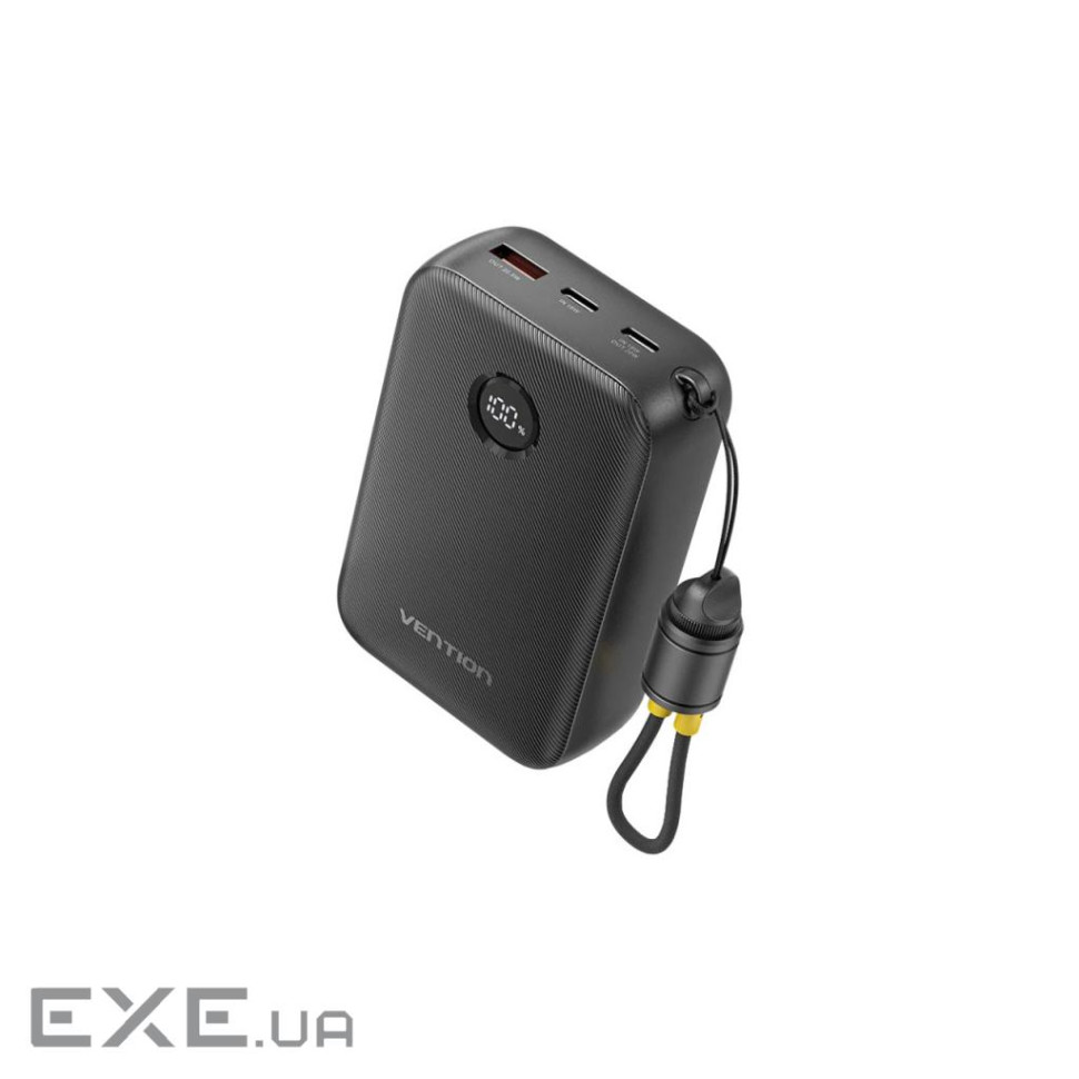 УМБ Vention 20000mAh 22,5W Fast Charging, USB-A, 2xUSB-C, with built-in USB-C cable, Black (FKBB0-C)