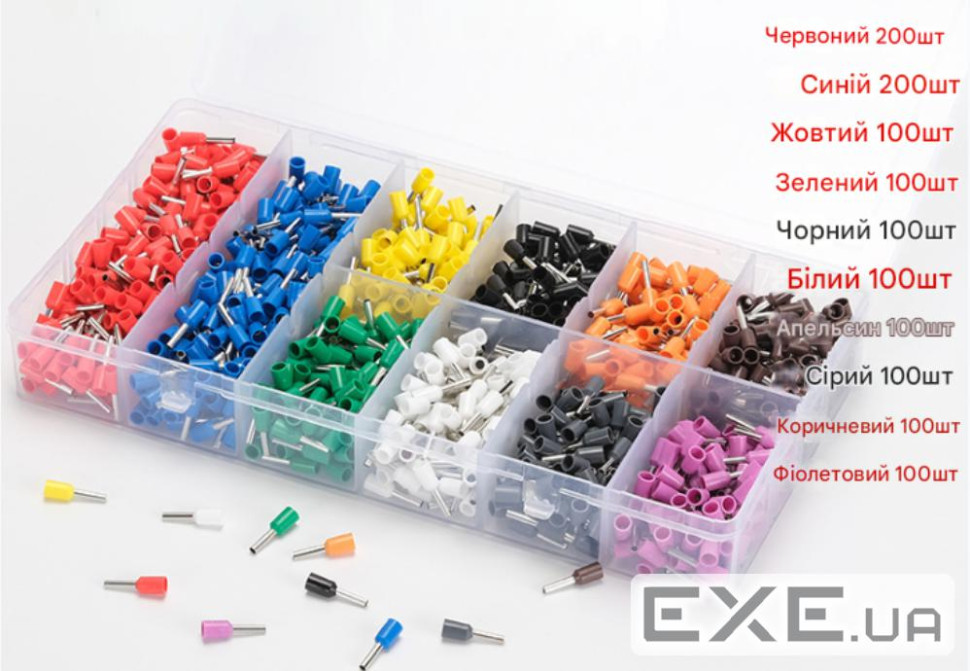 Набір клем / наконечників 1200шт VE1508 (R-200, B-200, Y-100, Bl-100, O-100, P-100, G (VE1508(1200)) VE1508 (R-200, B-20