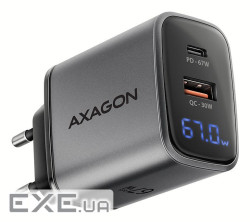 Зарядний пристрій AXAGON 1xUSB-C PD67W + 1xUSB QC4+ PPS display gray (ACU-PQ67D)