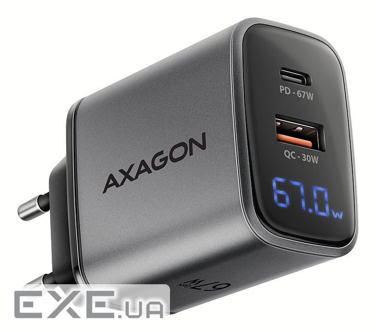 Зарядний пристрій AXAGON 1xUSB-C PD67W + 1xUSB QC4+ PPS display gray (ACU-PQ67D)