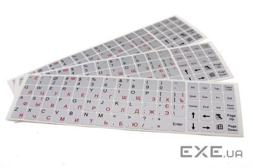 Наклейки на ноутбук сріблясті на всі клавіші (червоні українські та російські) NoNaMe