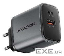 Зарядний пристрій AXAGON 1xUSB-C PD67W + 1xUSB QC4+ PPS gray (ACU-PQ67)