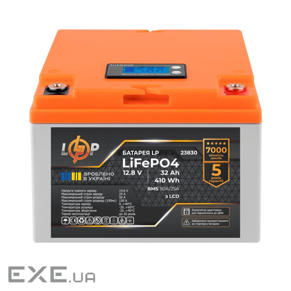 Акумулятор LP LiFePO4 12,8V - 32 Ah (410Wh) (BMS 50А/25A) пластик LCD для ДБЖ (23830)