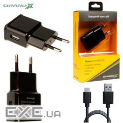 Зарядний пристрій Grand-X USB 5V 2.1A + cable USB to USB-C black (CH-03T)