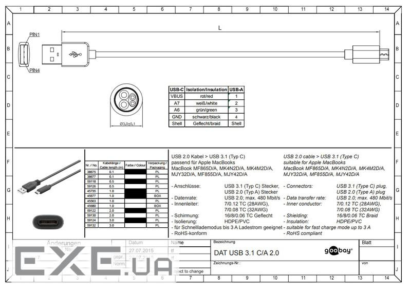 Кабель пристроїв USB Type-C-2.0A M/M 3.0m,(USB2.0) AWG28 SuperFast PD15W,білий (75.05.9132-1) (75.05.9132-1)