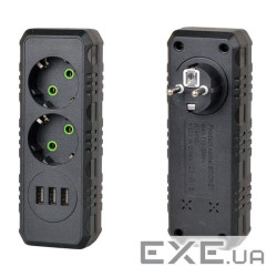 Розетка трійник із заземленням F102-Black, 2 розетки+3USB(1А), 2500W, 10A, 110-250V~Max, Blister ), 2500W, 10A, 110-250V