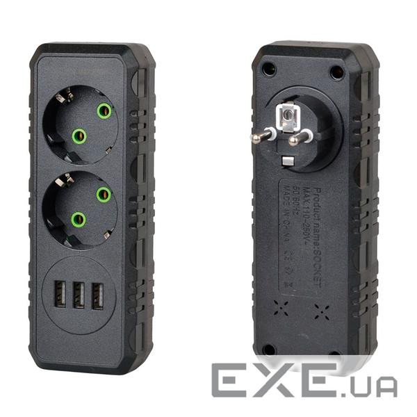 Розетка трійник із заземленням F102-Black, 2 розетки+3USB(1А), 2500W, 10A, 110-250V~Max, Blister ), 2500W, 10A, 110-250V