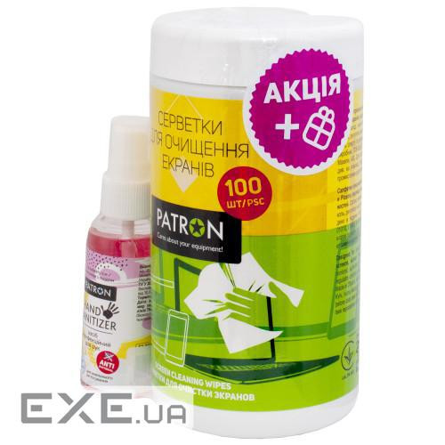Набір Patron, що чистить: серветки, що чистять для екранів, туба, 100 шт + спрей-антисепт (CS-PN-F3-050-2)