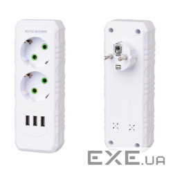Розетка трійник із заземленням F102-White, 2 розетки+3USB(1А), 2500W, 10A, 110-250V~Max, Blister ), 2500W, 10A, 110-250V