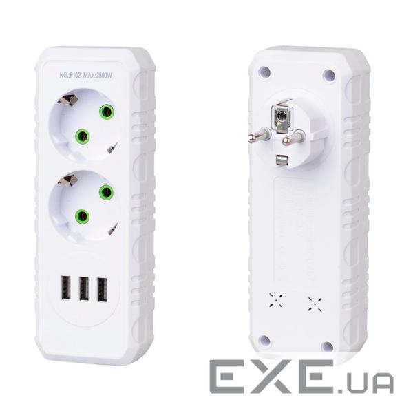 Розетка трійник із заземленням F102-White, 2 розетки+3USB(1А), 2500W, 10A, 110-250V~Max, Blister ), 2500W, 10A, 110-250V