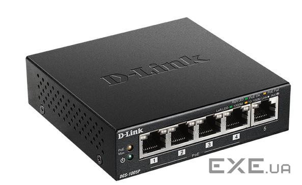 Комутатори D-Link DGS-1005P/E (5-Port 10000BaseTX Auto-Negotiating (NWAY) 10/100/1000Mbps, PoE Ports