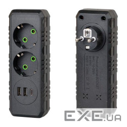 Розетка трійник із заземленням F103-Black, 2 розетки+2USB+1Type-C, 2500W, 10A, 110-250V~Max, Blister +2USB+1Type-C, 2500