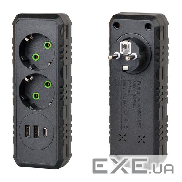 Розетка трійник із заземленням F103-Black, 2 розетки+2USB+1Type-C, 2500W, 10A, 110-250V~Max, Blister +2USB+1Type-C, 2500
