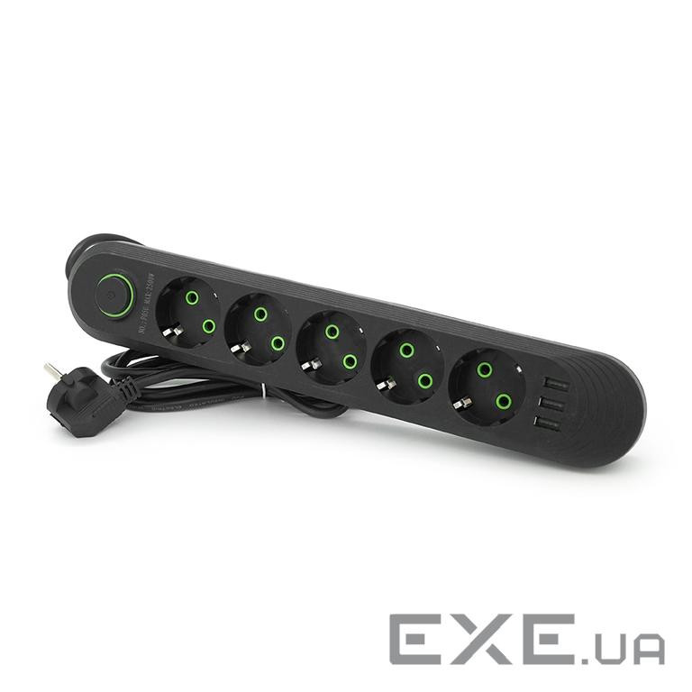 Мережевий фільтр F05U, 5 розеток EU + 3 USB, 1.5 м, перетин 3х0, 75мм, 2500W, Black, Bo (F05U-Black) , 2500W, Black, Bo