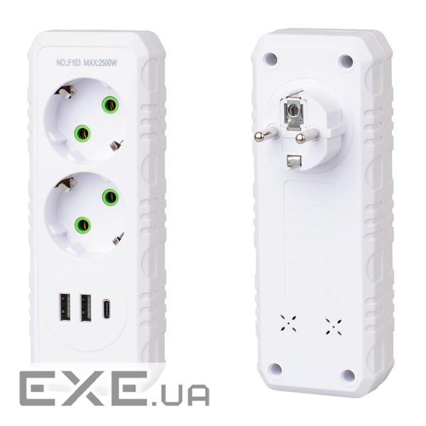 Розетка трійник із заземленням F103-White, 2 розетки+2USB+1Type-C, 2500W, 10A, 110-250V~Max, Blister +2USB+1Type-C, 2500