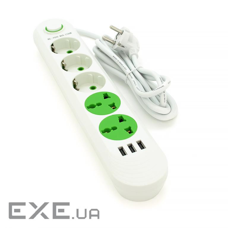 Мережевий фільтр F02U, 3 розетки EU + 2 розетки Universal + 3 USB, 1.5 м, перетин 3х0, (F02U-White) 0, (F02U-White)