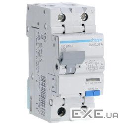 Диференціальний автоматичний вимикач Hager 1P+N 6kA B 16A 10mA A