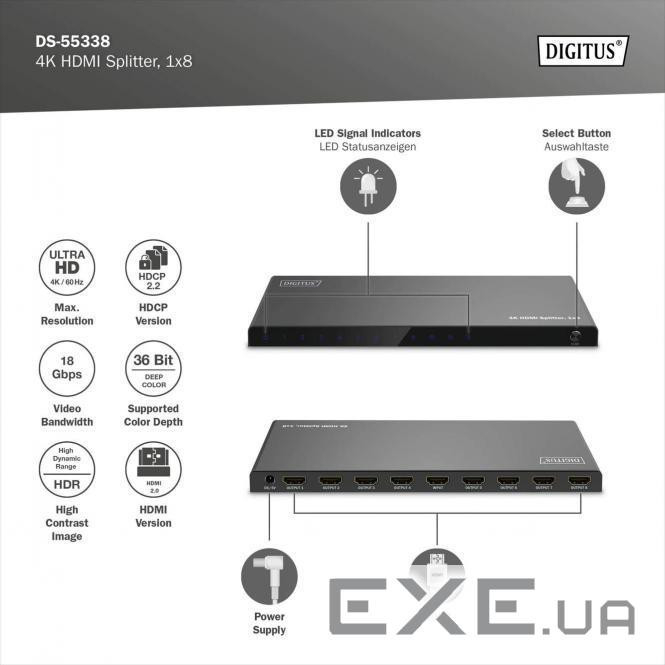 Відеосплітер DIGITUS HDMI (INx1 - OUTx8), 4K (DS-55338) DIGITUS HDMI (INx1 - OUTx8), 4K (DS-55338)