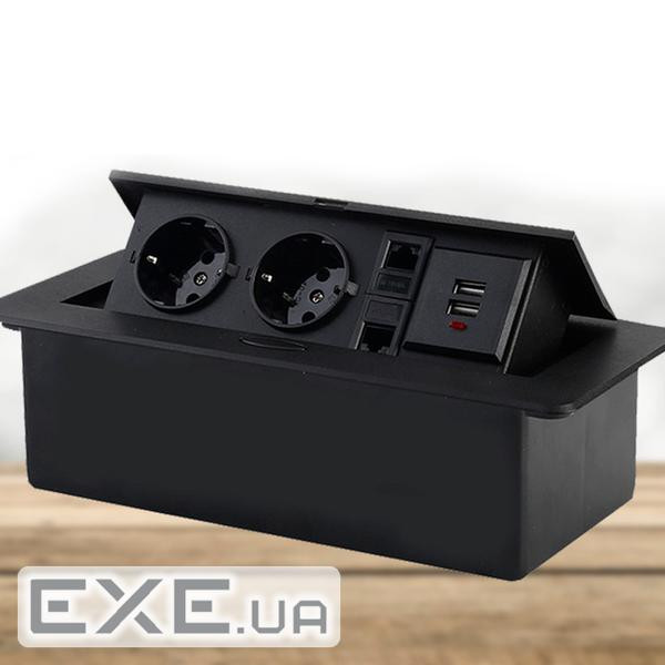 Розетка підлогова висувна із заземленням J29L, дві розетки + 2*USB + 2* RJ45, Input: A (J29L Black)