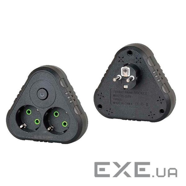 Розетка трійник із заземленням F201-Black з вимикачем, 2 розетки, 2500W, 10A, 110-250V~Max, Blister , 2500W, 10A, 110-25