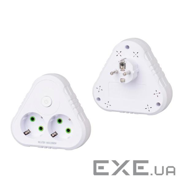 Розетка трійник із заземленням F201-White з вимикачем, 2 розетки, 2500W, 10A, 110-250V~Max, Blister , 2500W, 10A, 110-25