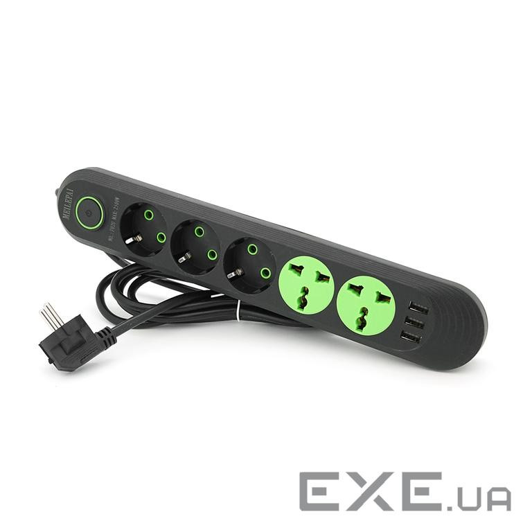 Мережевий фільтр F02U, 3 розетки EU + 2 розетки Universal + 3 USB, 1.5 м, перетин 3х0, (F02U-Black) 0, (F02U-Black)
