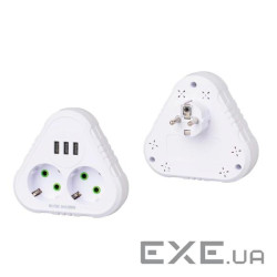 Розетка трійник із заземленням F202-White, 2 розетки+3USB(1А), 2500W, 10A, 110-250V~Max, Blister ), 2500W, 10A, 110-250V