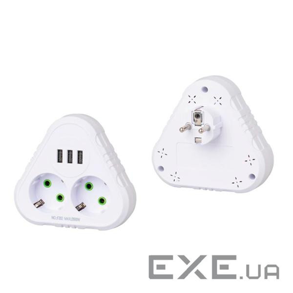 Розетка трійник із заземленням F202-White, 2 розетки+3USB(1А), 2500W, 10A, 110-250V~Max, Blister ), 2500W, 10A, 110-250V