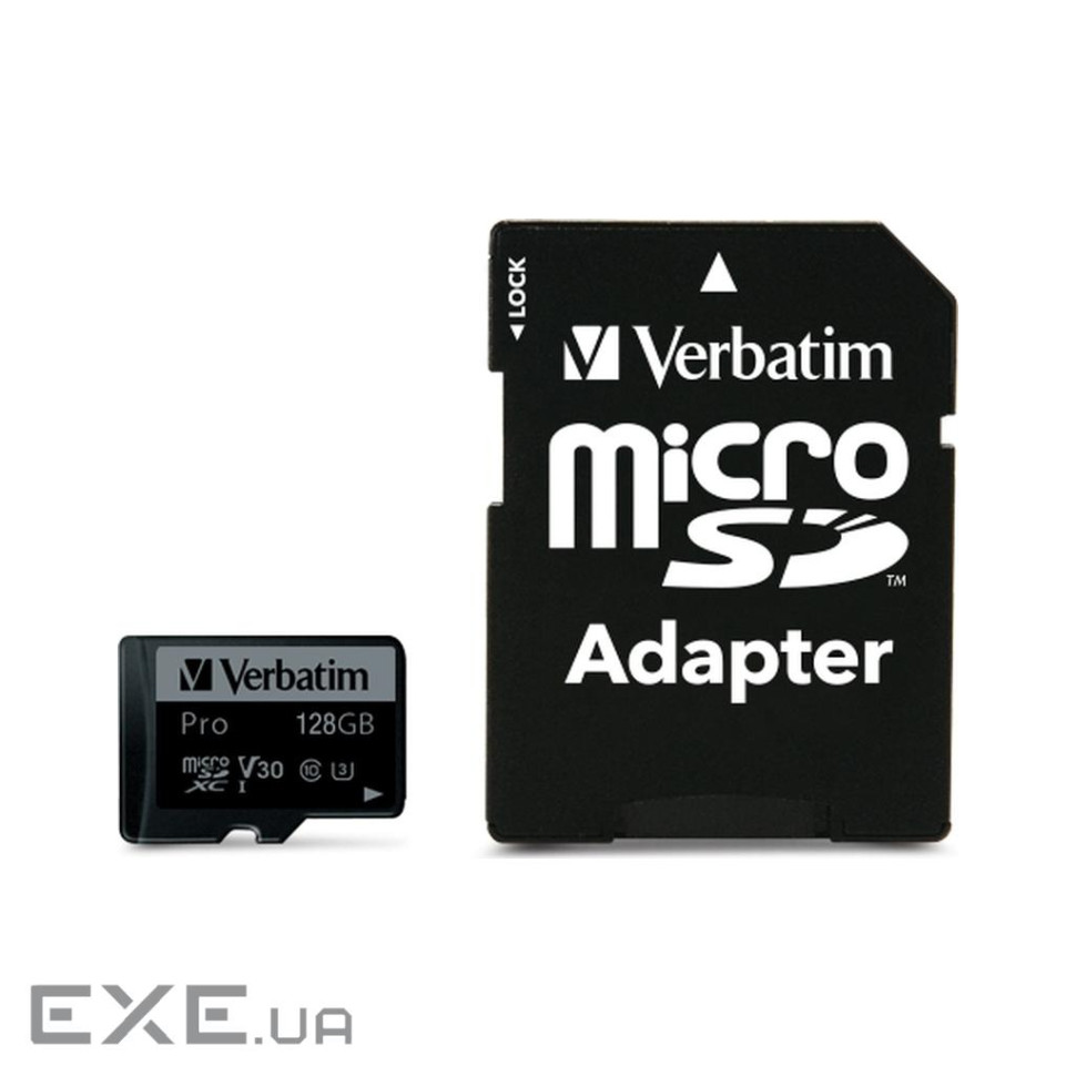 Карта пам'яті VERBATIM microSD Pro 128GB UHS-I U3 V30 A2 Class 10 + SD-adapter (47044)