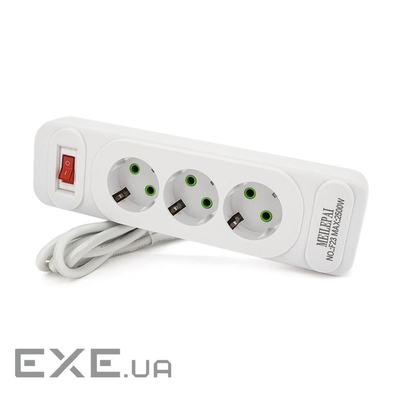 Мережевий фільтр F23, 3 розетки EU, кнопка включення з індикатором, 2 м, 3х0,75мм, 2500W (F23-White) , 2500W (F23-White)