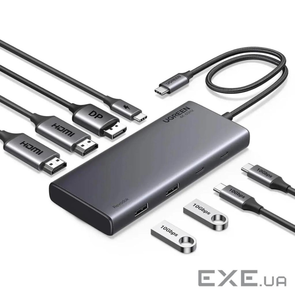 Концентратор Ugreen USB-C to 2xUSB 3.2 + 2xUSB-C 3.2 + 2xHDMI + DP 4K60Hz + PD 100W CM639 gray (35625)