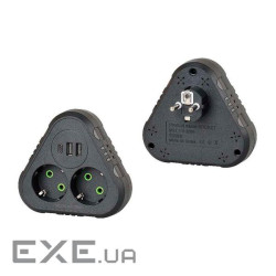 Розетка трійник із заземленням F203-Black, 2 розетки+2USB+1Type-C, 2500W, 10A, 110-250V~Max, Blister +2USB+1Type-C, 2500