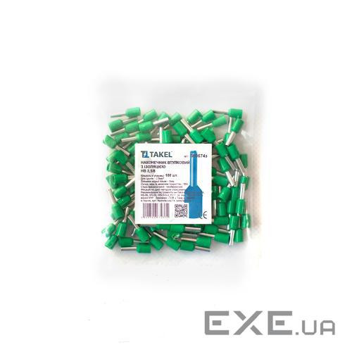 Наконечник кабельний штирьовий втулковий з ізоляцією 2.5мм.кв зелений 100шт (087468)