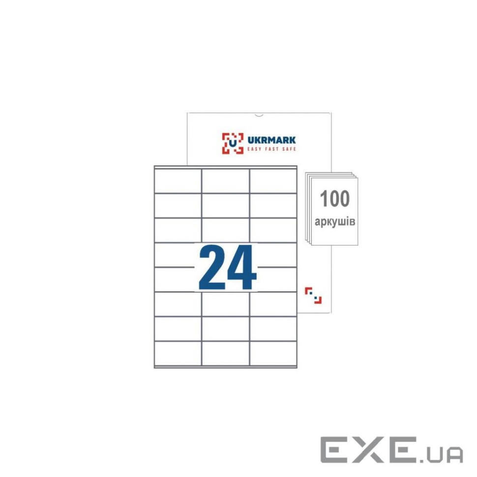 Етикетка самоклеюча UKRMARK A4-24-02-W1, А4, 24 на листі, 70мм х 37мм, 100 аркушів (900626)